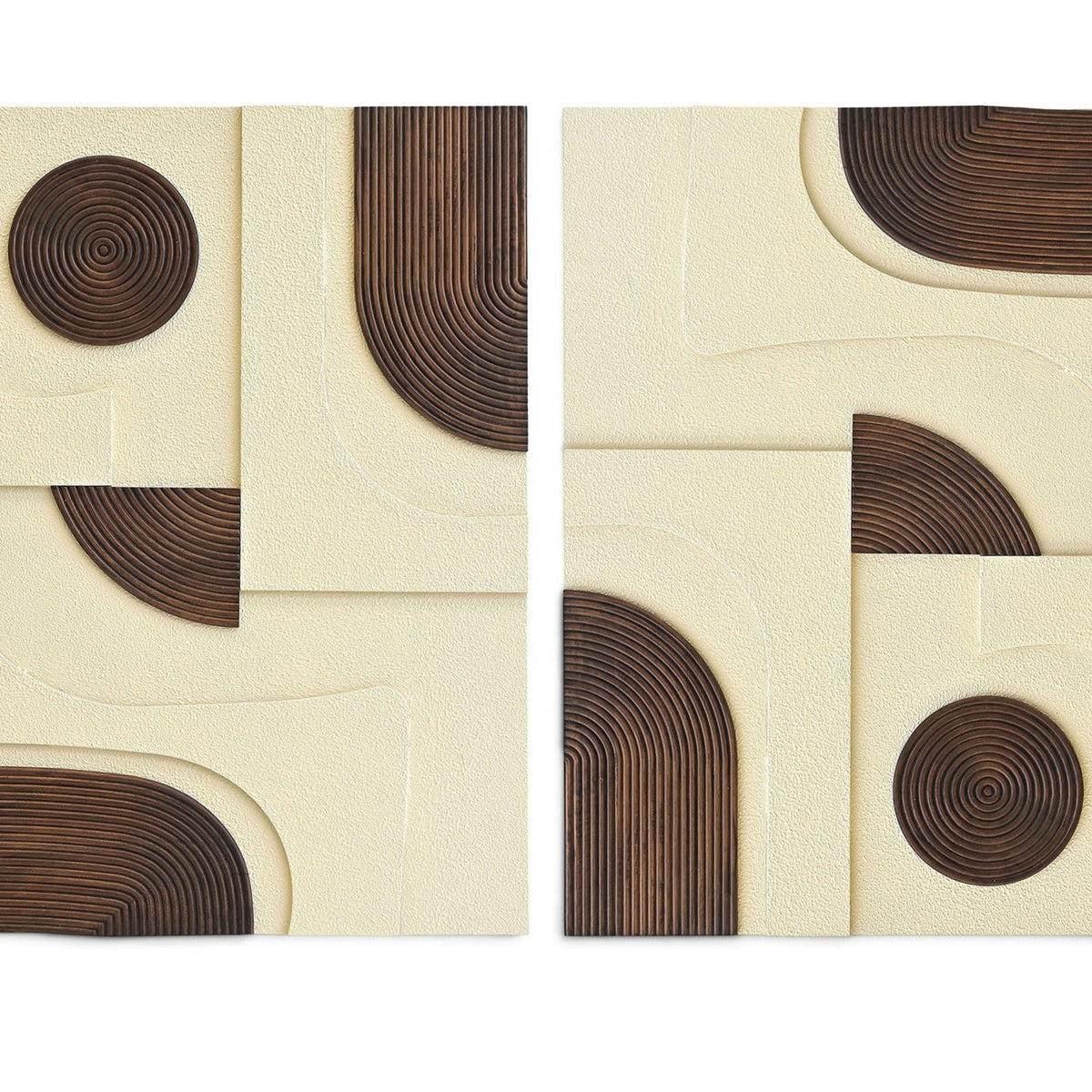 Two-piece wall art set with off-white panels and dark brown spiral circles and curved arcs