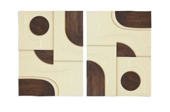 Two-piece wall art set with off-white panels and dark brown spiral circles and curved arcs