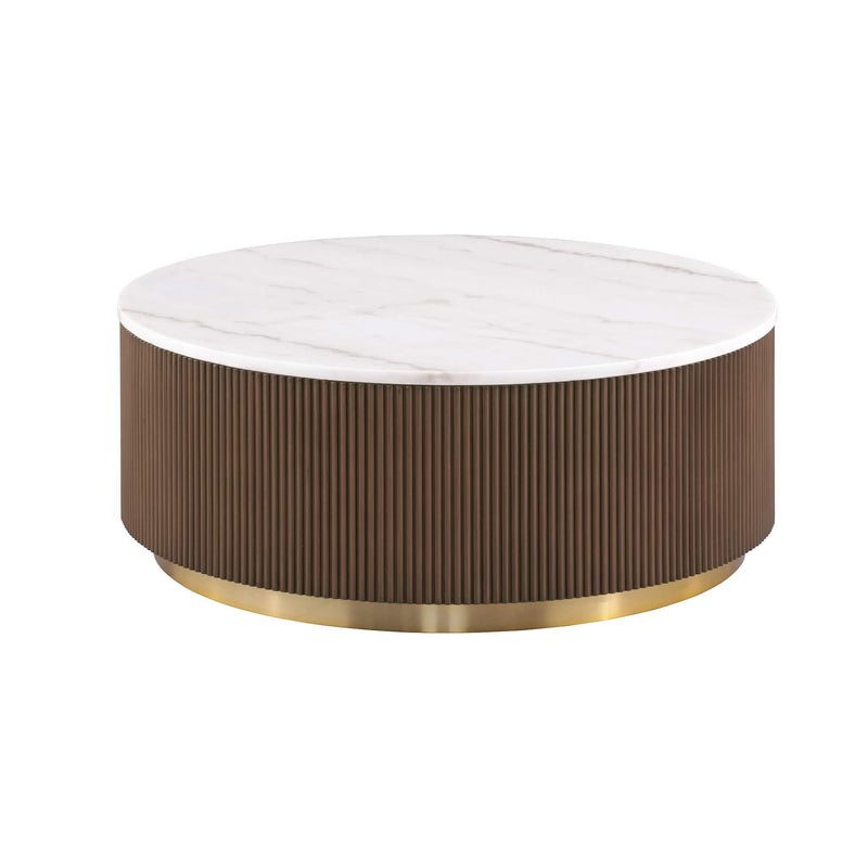 Round coffee table with white marble top, dark brown ribbed sides and gold base