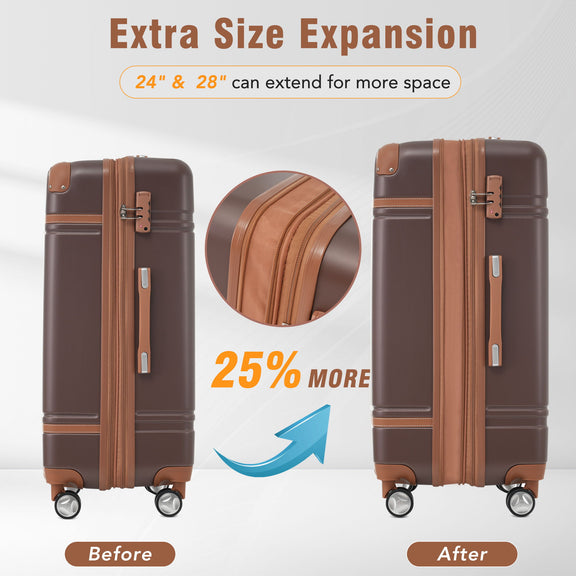 Expandable dark brown hard-shell spinner suitcases shown in before-and-after view