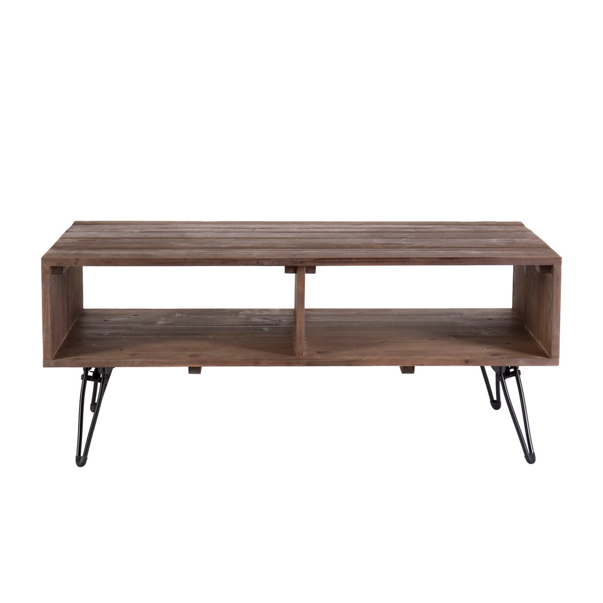 Reclaimed Wood Cocktail Table With Open Storage For Living Room, Metal Legs, Foldable - Black / Natural