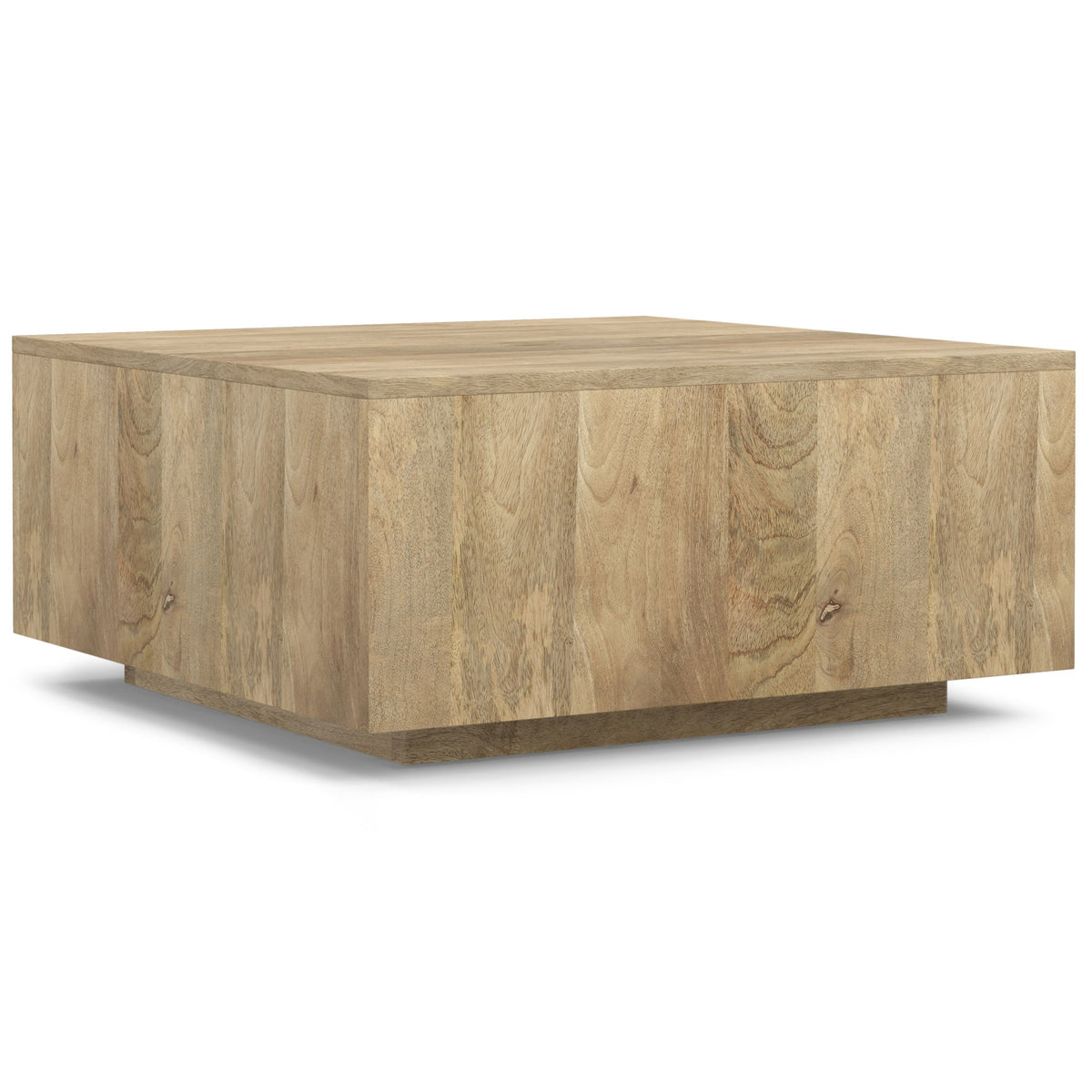 Light brown square coffee table with flat top and matching sides