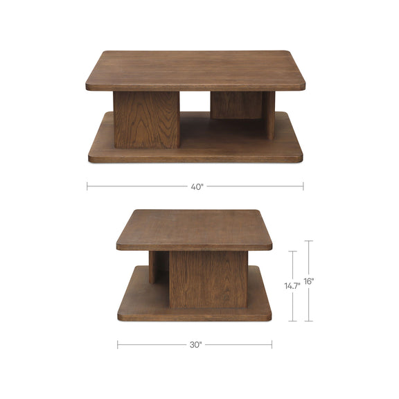 Small coffee table, dark brown wood, 40 in wide and 16 in high, open shelf