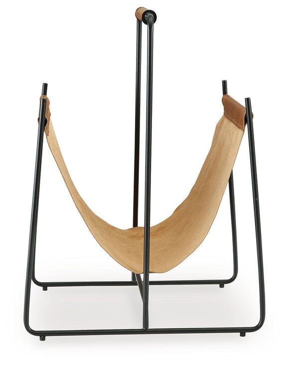 Brown magazine rack with black frame, U-shaped open stand design