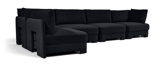 Black velvet performance sectional sofa, 5-piece L-shape with chaise end