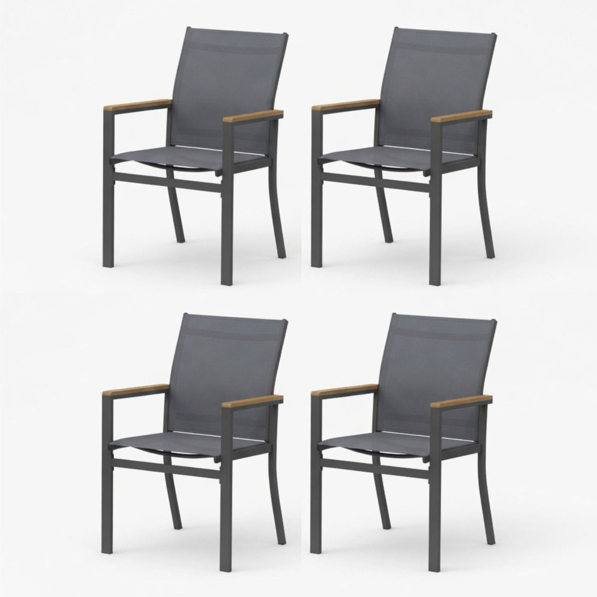 Set of 4 dark gray patio armchairs with woven backs and metal frames, armrest bars