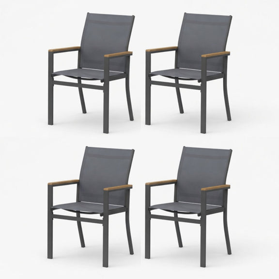 Set of 4 dark gray patio armchairs with woven backs and metal frames, armrest bars