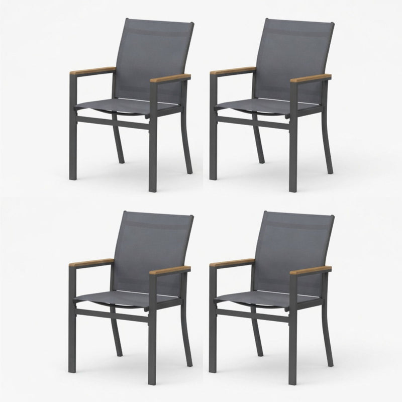 Set of 4 dark gray patio armchairs with woven backs and metal frames, armrest bars