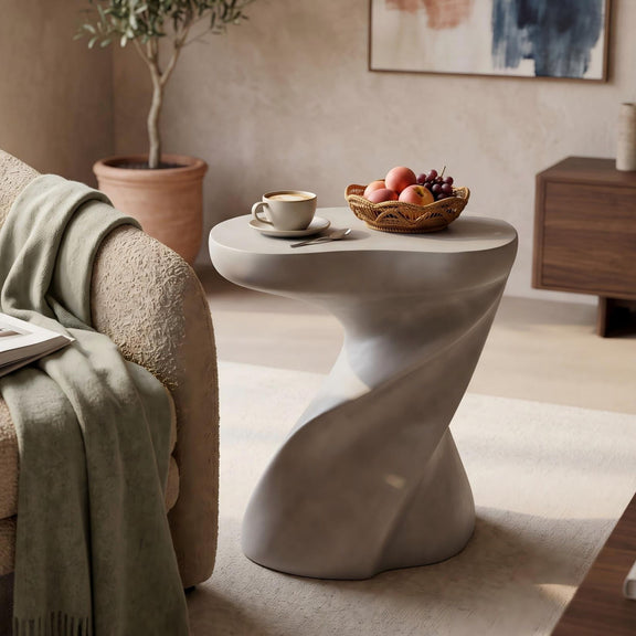 Twisted sculptural side table with round top and white hourglass-style base