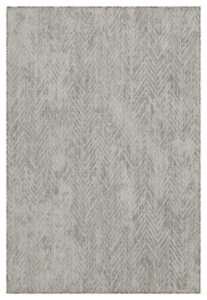 Indoor/outdoor area rug with light gray chevron pattern and subtle cream highlights.