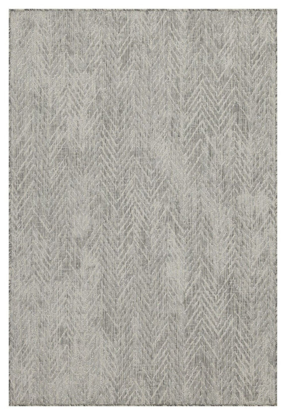 Indoor/outdoor area rug with light gray chevron pattern and subtle cream highlights.