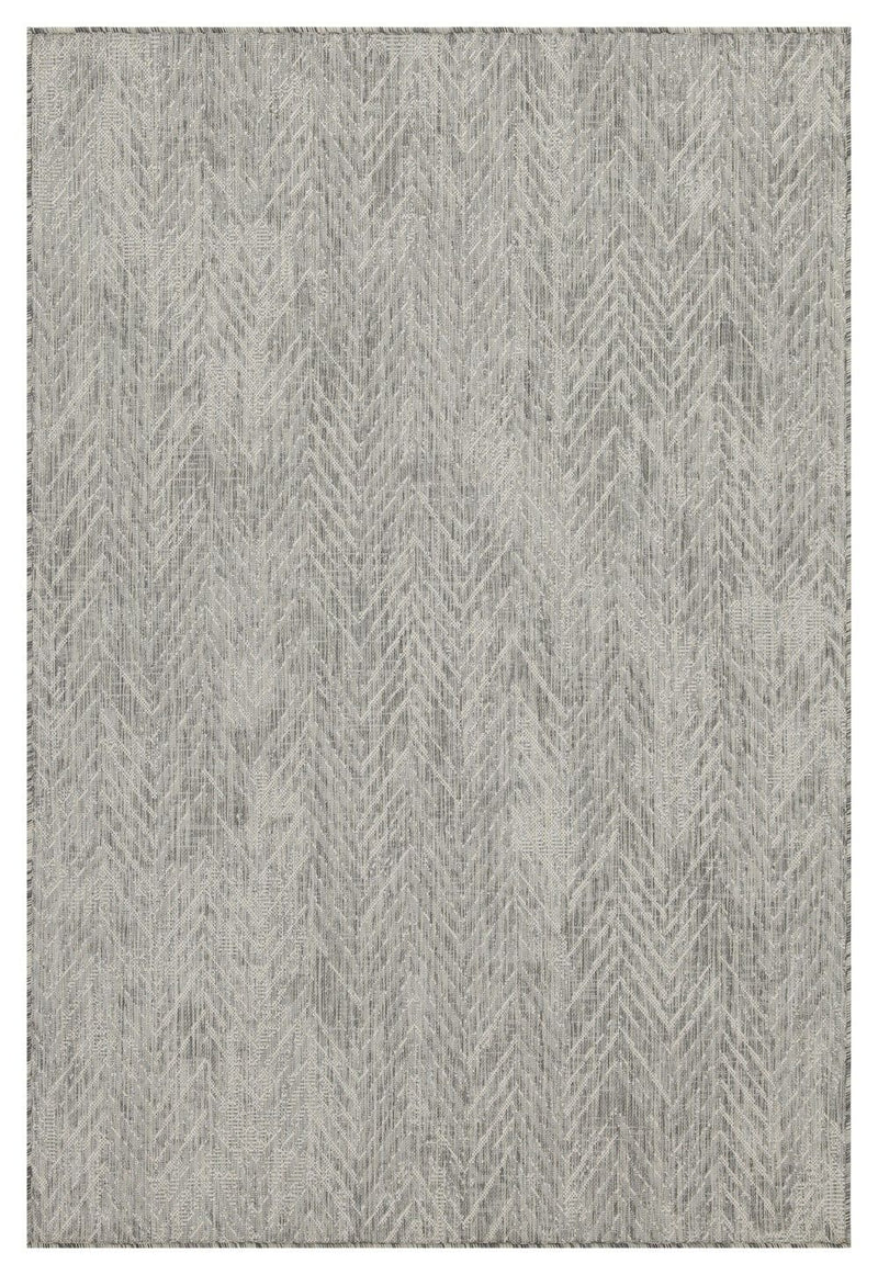 Indoor/outdoor area rug with light gray chevron pattern and subtle cream highlights.