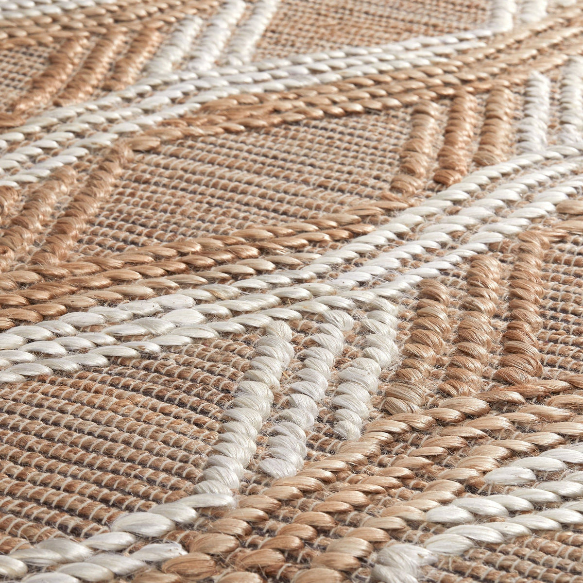 Close-up of natural fiber rug weave with alternating tan, cream, and white threads.