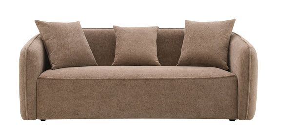 Brown upholstered sofa with four matching toss pillows and supportive armrests