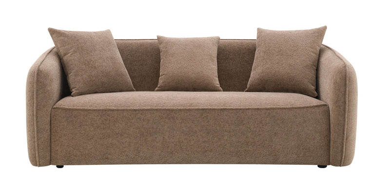 Brown upholstered sofa with four matching toss pillows and supportive armrests