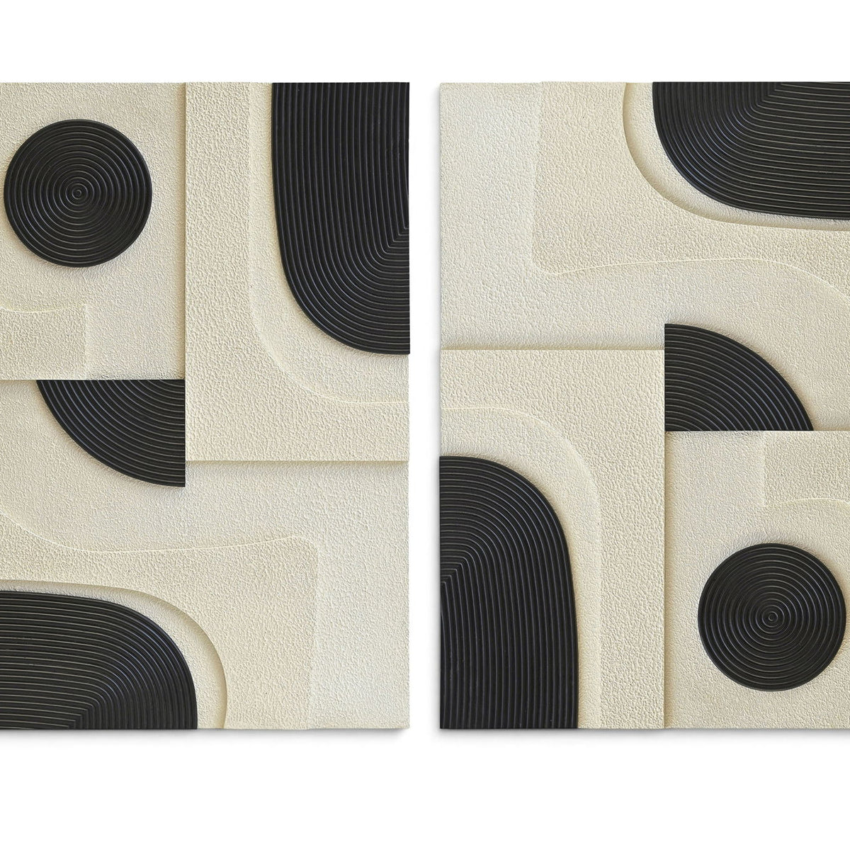 Two-piece wall art set with off-white panels and black spiral circles and arched wood shapes