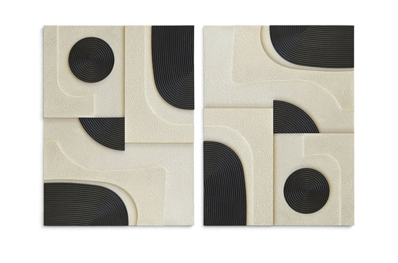 Two-piece wall art set with off-white panels and black spiral circles and arched wood shapes