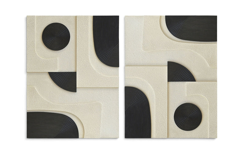 Two-piece wall art set with off-white panels and black spiral circles and arched wood shapes