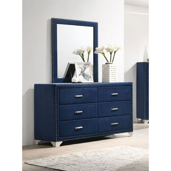 Blue upholstered 6-drawer dresser with mirror, stud trim and silver handles