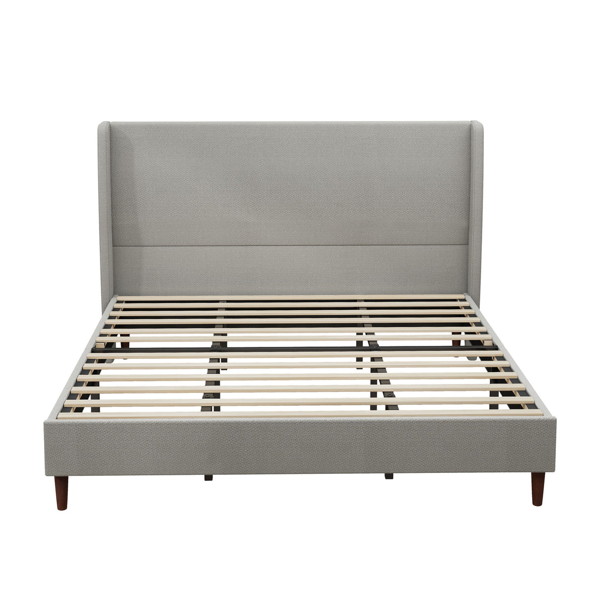 Gray upholstered bed frame with tall headboard, slats, and tapered legs