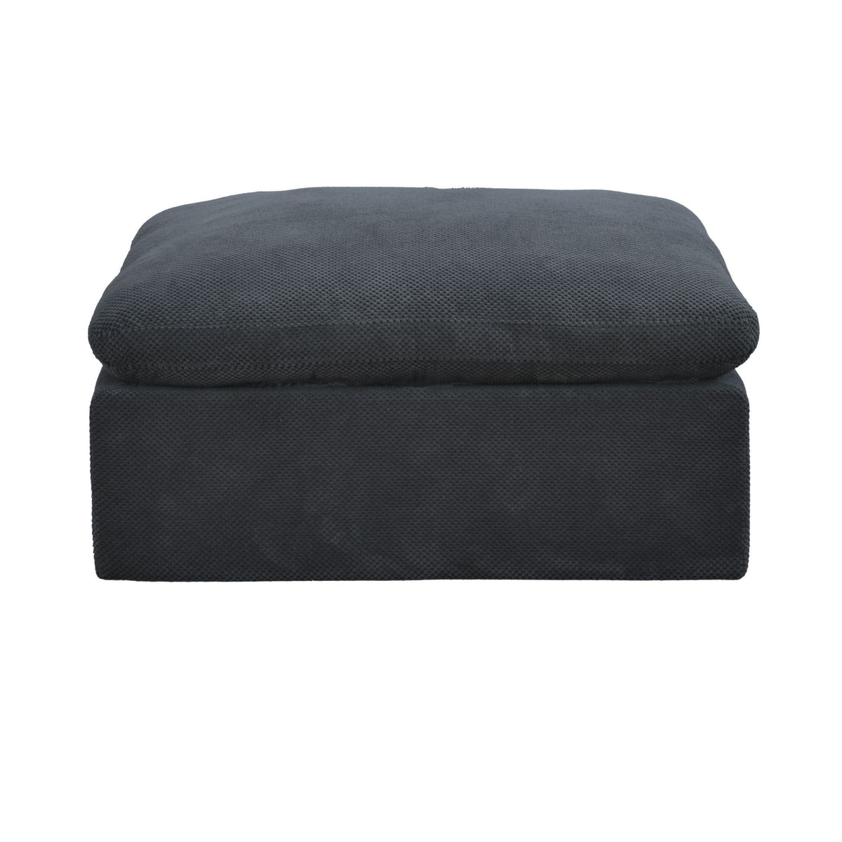 Dark gray upholstered ottoman with padded cushioned top and clean stitched edges