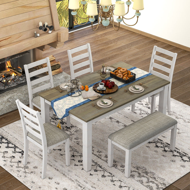 6 Piece Dining Set With 4 Upholstered Chairs & Bench - Brown / Whitewash
