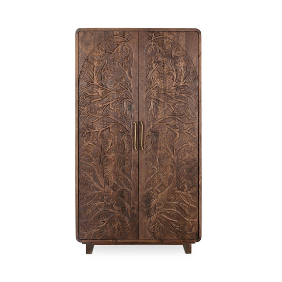 Kona brown tall cabinet front with decorative carved doors and brass pulls