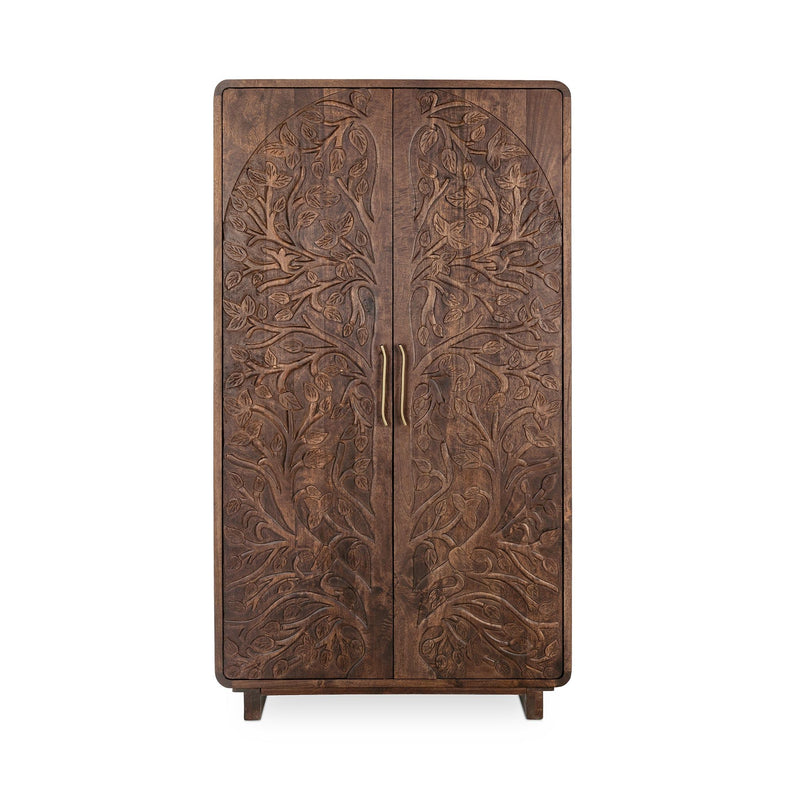 Kona brown tall cabinet front with decorative carved doors and brass pulls