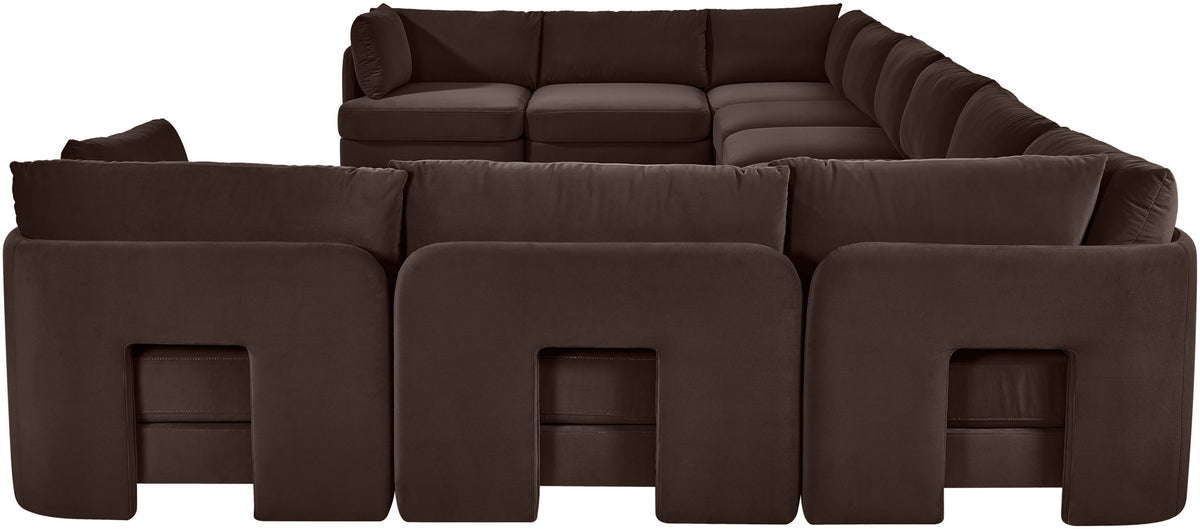 Dark brown velvet sectional sofa with modular chaise and padded armrests