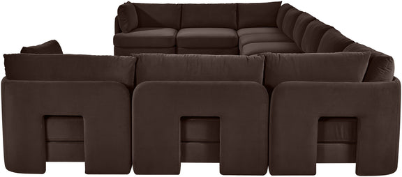 Dark brown velvet sectional sofa with modular chaise and padded armrests
