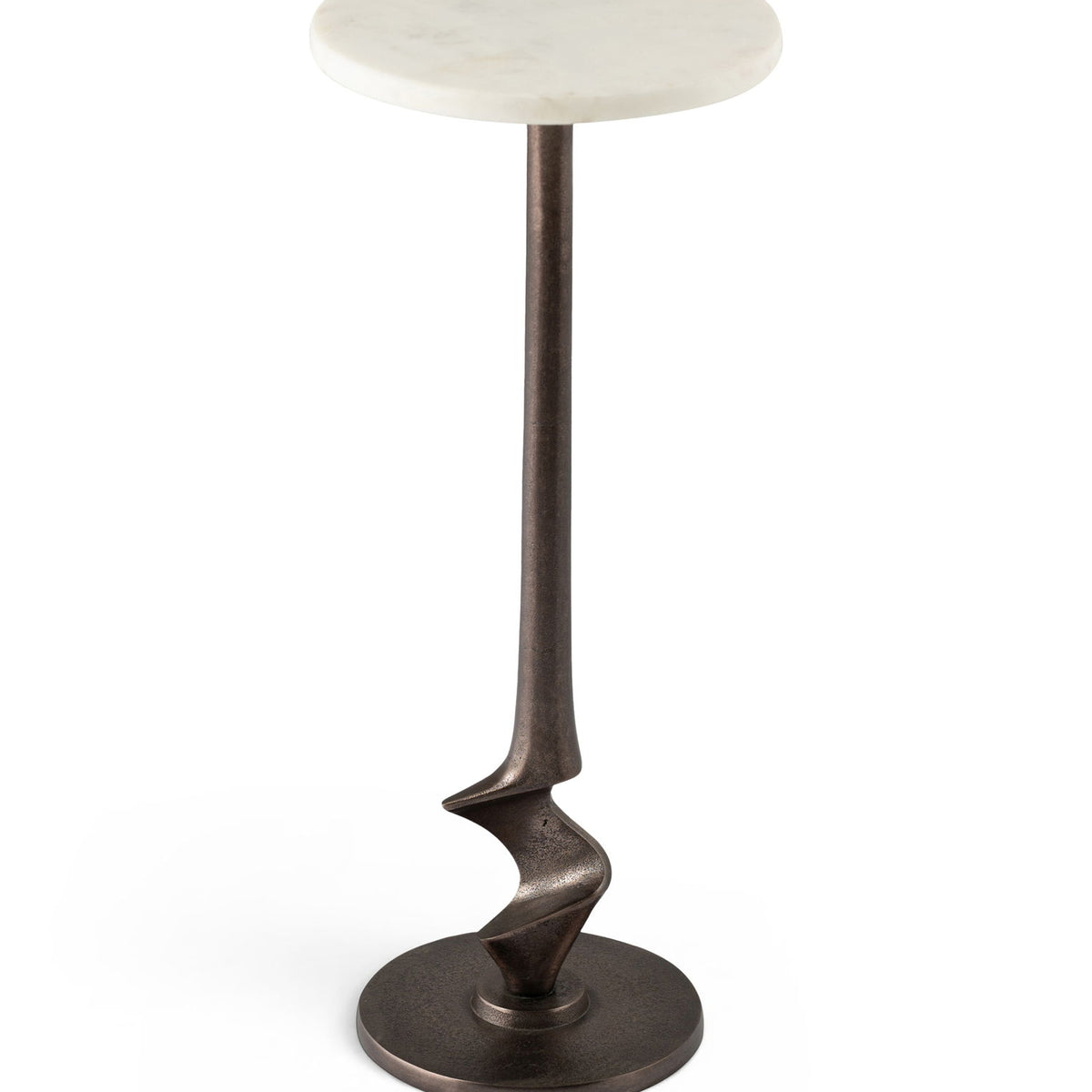 Round aluminum end table with white marbled top and dark bronze twisted pedestal base