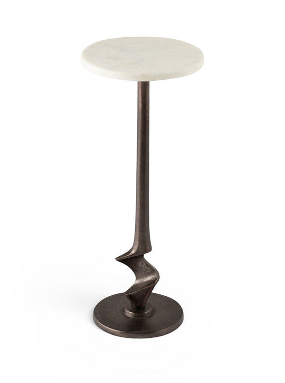 Round aluminum end table with white marbled top and dark bronze twisted pedestal base