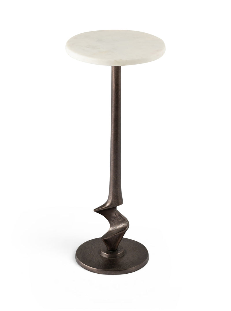 Round aluminum end table with white marbled top and dark bronze twisted pedestal base