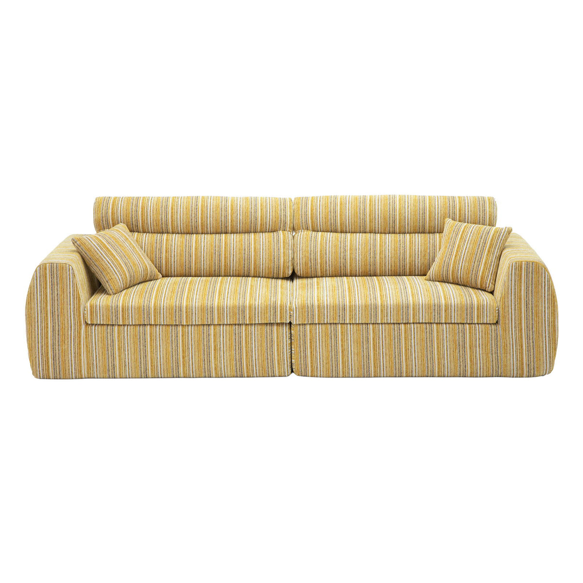3-seat couch with yellow-and-beige striped upholstery and matching throw pillows