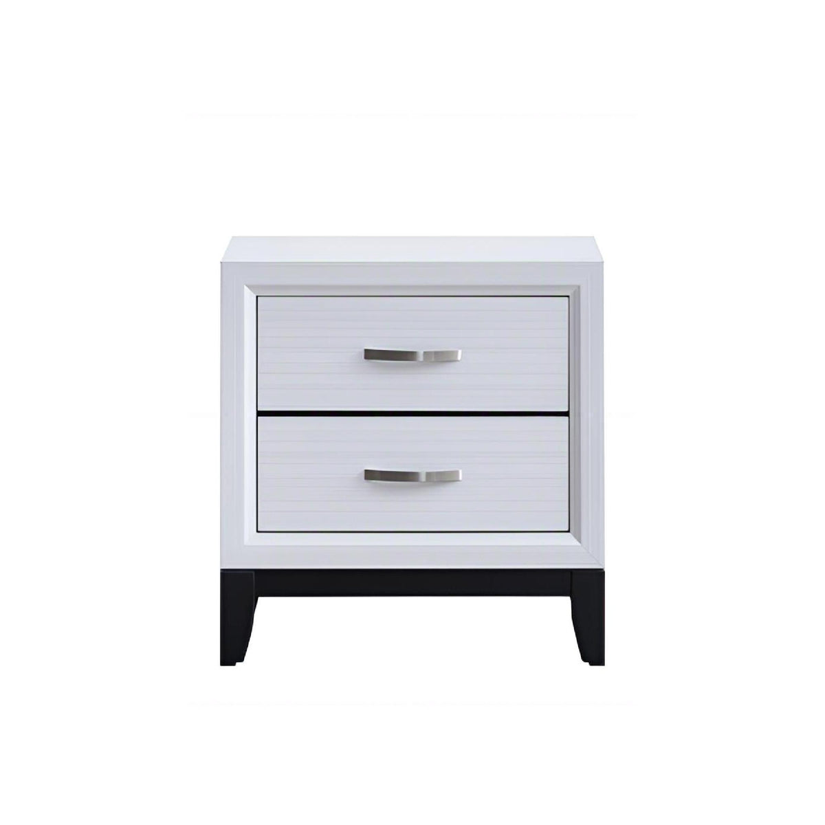White nightstand with two drawers and brushed metal bar pulls
