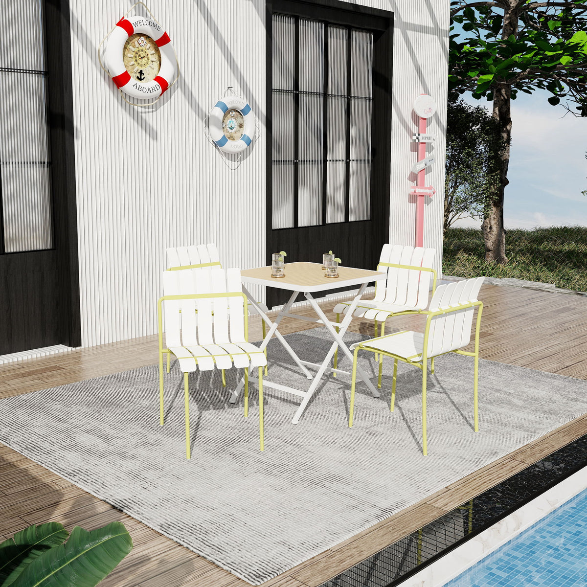 Yellow metal outdoor dining set: 4 chairs with white slats and square folding table