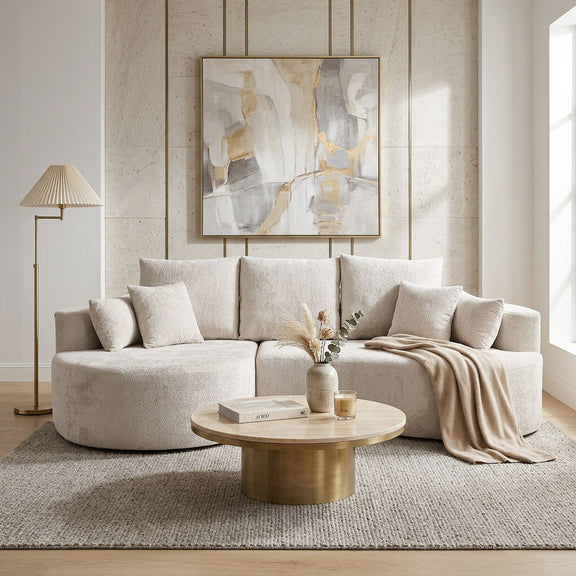 White fabric curved sectional sofa with chaise and tufted back cushions