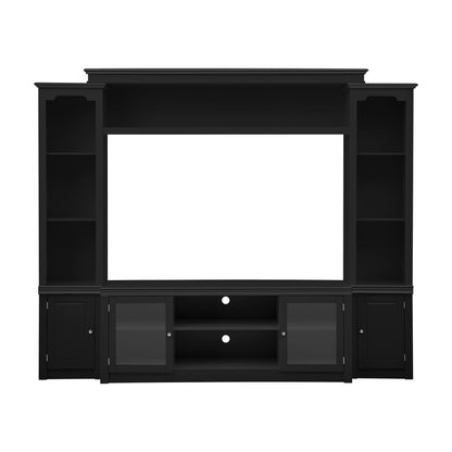 Black TV stand with open center shelf and side bookcase compartments