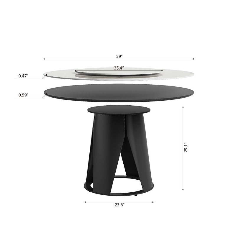 Modern Sintered Stone Dining Table With Round Turntable, Metal Pedestal, And Chairs