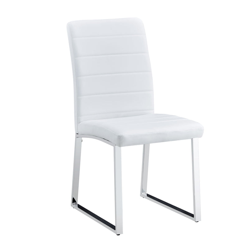 White upholstered dining chair with curved backrest, padded seat, and chrome metal frame