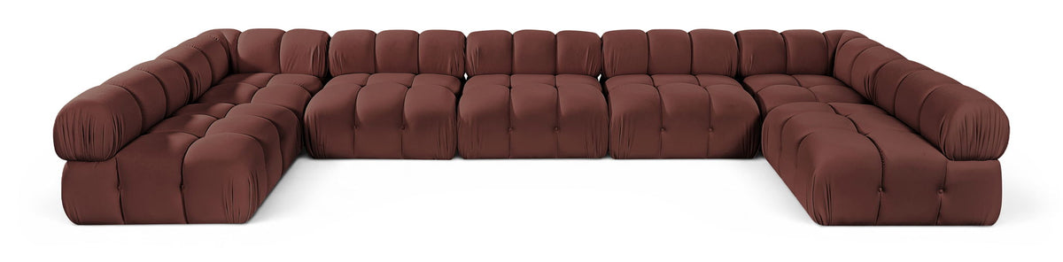 Dark red U-shaped modular sectional sofa with cushioned seat and rounded armrests