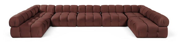 Dark red U-shaped modular sectional sofa with cushioned seat and rounded armrests