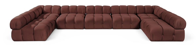 Dark red U-shaped modular sectional sofa with cushioned seat and rounded armrests