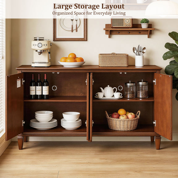 Walnut TV stand with doors open, revealing two shelves and spacious storage
