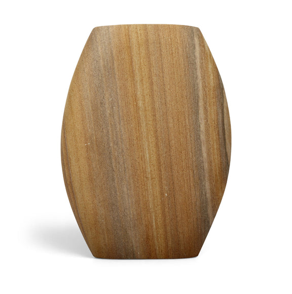 Sandstone vase in sand-beige with faceted sides and tapered top.