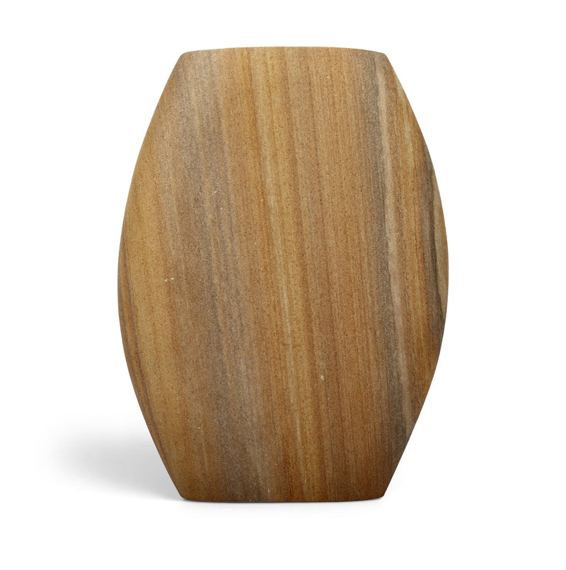 Sandstone vase in sand-beige with faceted sides and tapered top.