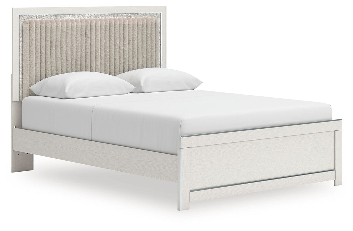 White upholstered panel platform bed with vertical channel headboard and roll slats
