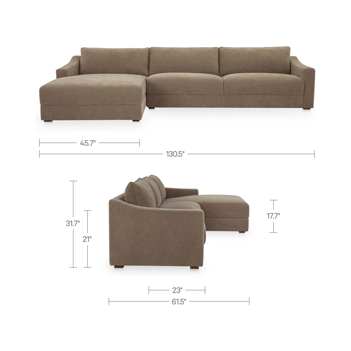 Taupe left sectional sofa shown from side angle with chaise