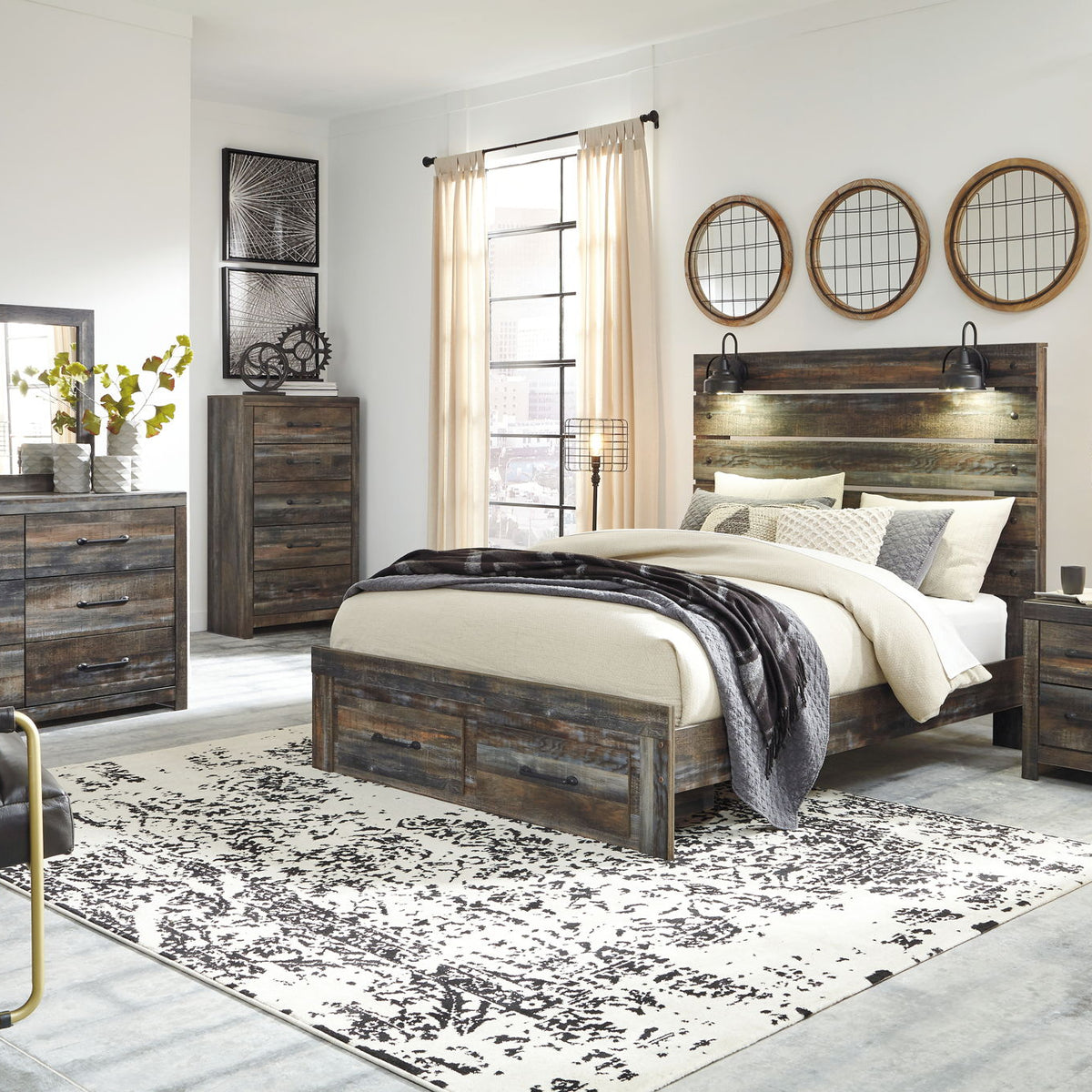 Panel bed with dark wood headboard slats and matching storage drawers in the room