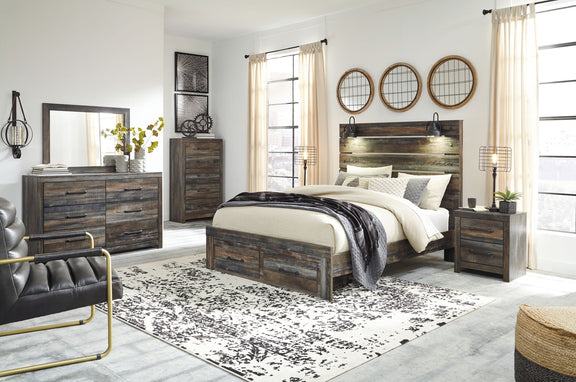 Panel bed with dark wood headboard slats and matching storage drawers in the room